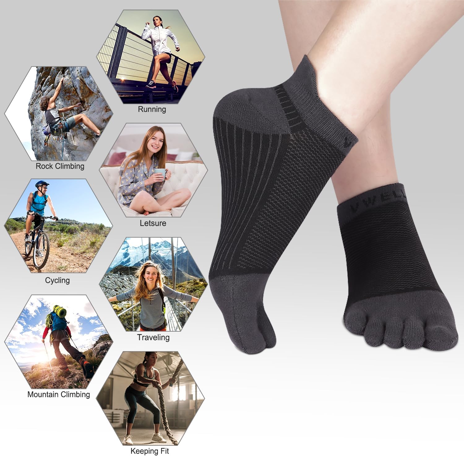 VWELL Cotton Toe Socks Five Finger Socks No Show Crew Athletic Running Socks 4 Pairs,Size 7-11 - Image 6