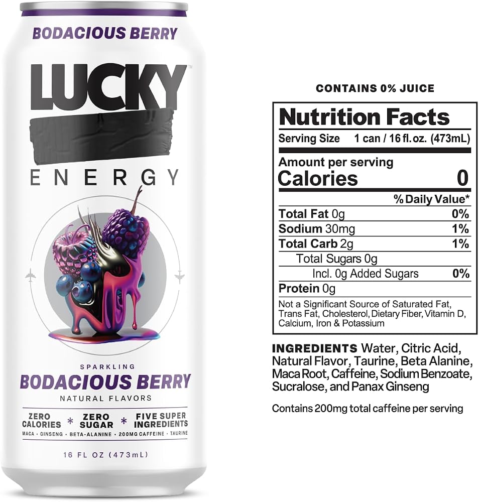 Lucky Energy Sugar Free Energy Drinks, Bodacious Berry, 16oz Cans (12-Pack) Healthy, Zero Sugar Energy Drink with Maca, Ginseng, Beta-Alanine, Taurine & 200mg Caffeine