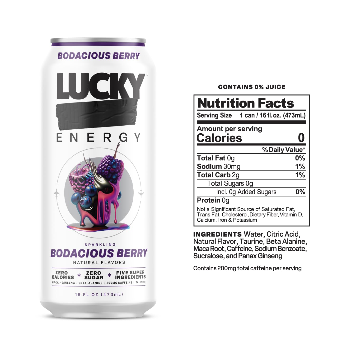 Lucky Energy Sugar Free Energy Drinks, Bodacious Berry, 16oz Cans (12-Pack) Healthy, Zero Sugar Energy Drink with Maca, Ginseng, Beta-Alanine, Taurine & 200mg Caffeine