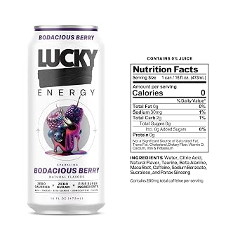 Lucky Energy Sugar Free Energy Drinks, Bodacious Berry, 16oz Cans (12-Pack) Healthy, Zero Sugar Energy Drink with Maca, Ginseng, Beta-Alanine, Taurine & 200mg Caffeine