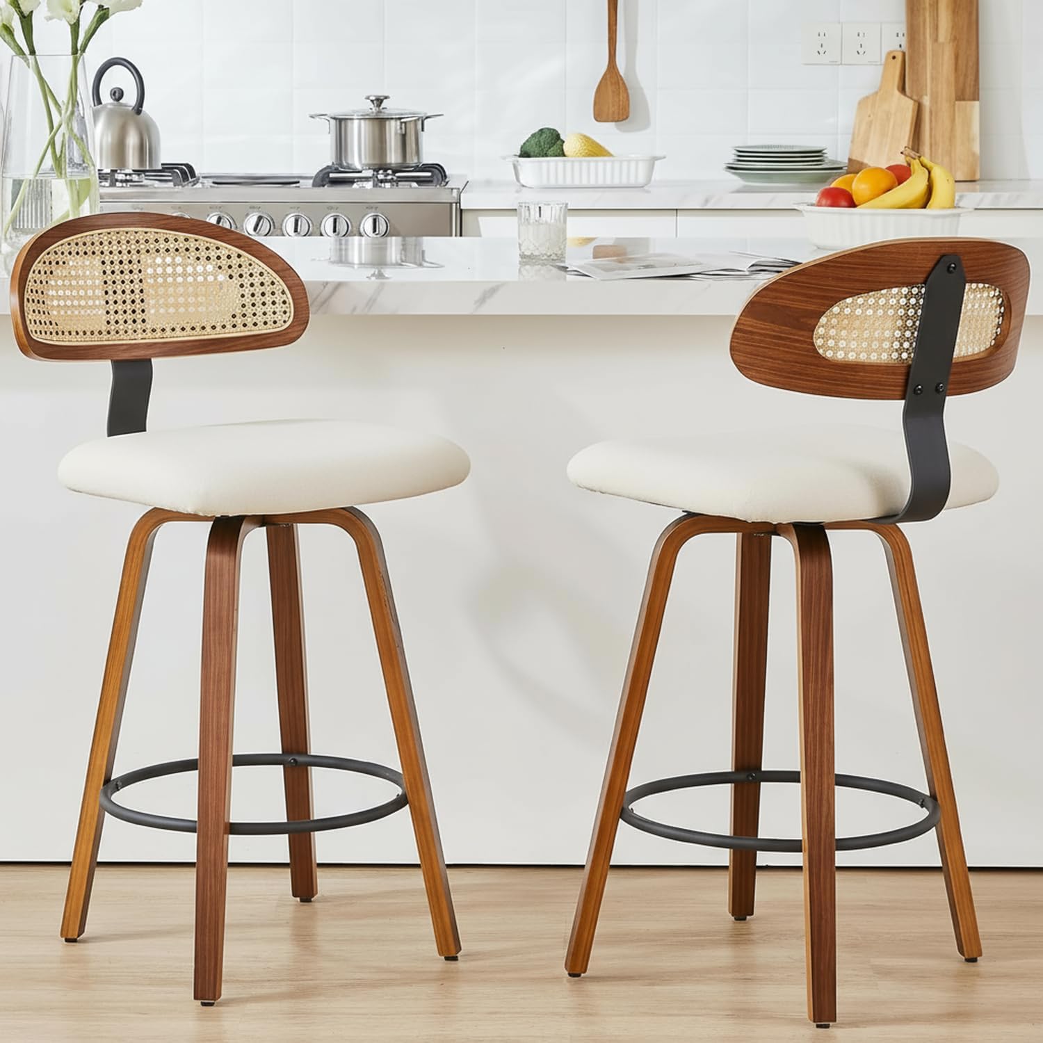kinmars Swivel Counter Height Bar Stools, 26" Upholstered Seat Barstools with Rattan Back, Bentwood Frame Mid Century Modern Bar Chairs for Kitchen Island, Dining Room Bar Stools (White, Set of 2)