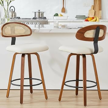kinmars Swivel Counter Height Bar Stools, 26" Upholstered Seat Barstools with Rattan Back, Bentwood Frame Mid Century Modern Bar Chairs for Kitchen Island, Dining Room Bar Stools White, Set of 2