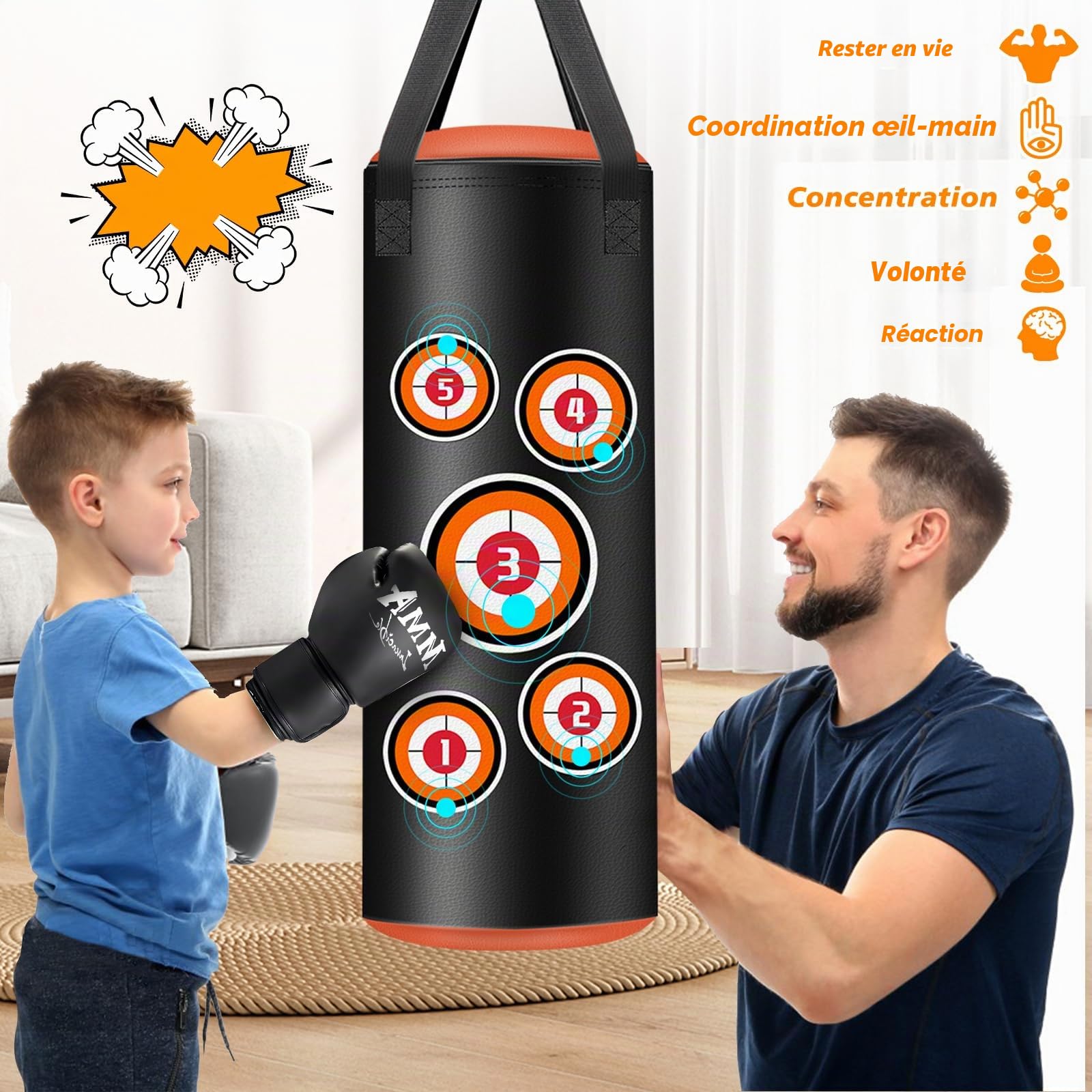 Set de Sacs de Boxe Suspendus, Sac de Boxe pour Enfants 60 cm, Microfibre Cuir Sac Lourd pour l'entraînement Kickboxing Fitness MMA Grappling Muay Thai Karaté