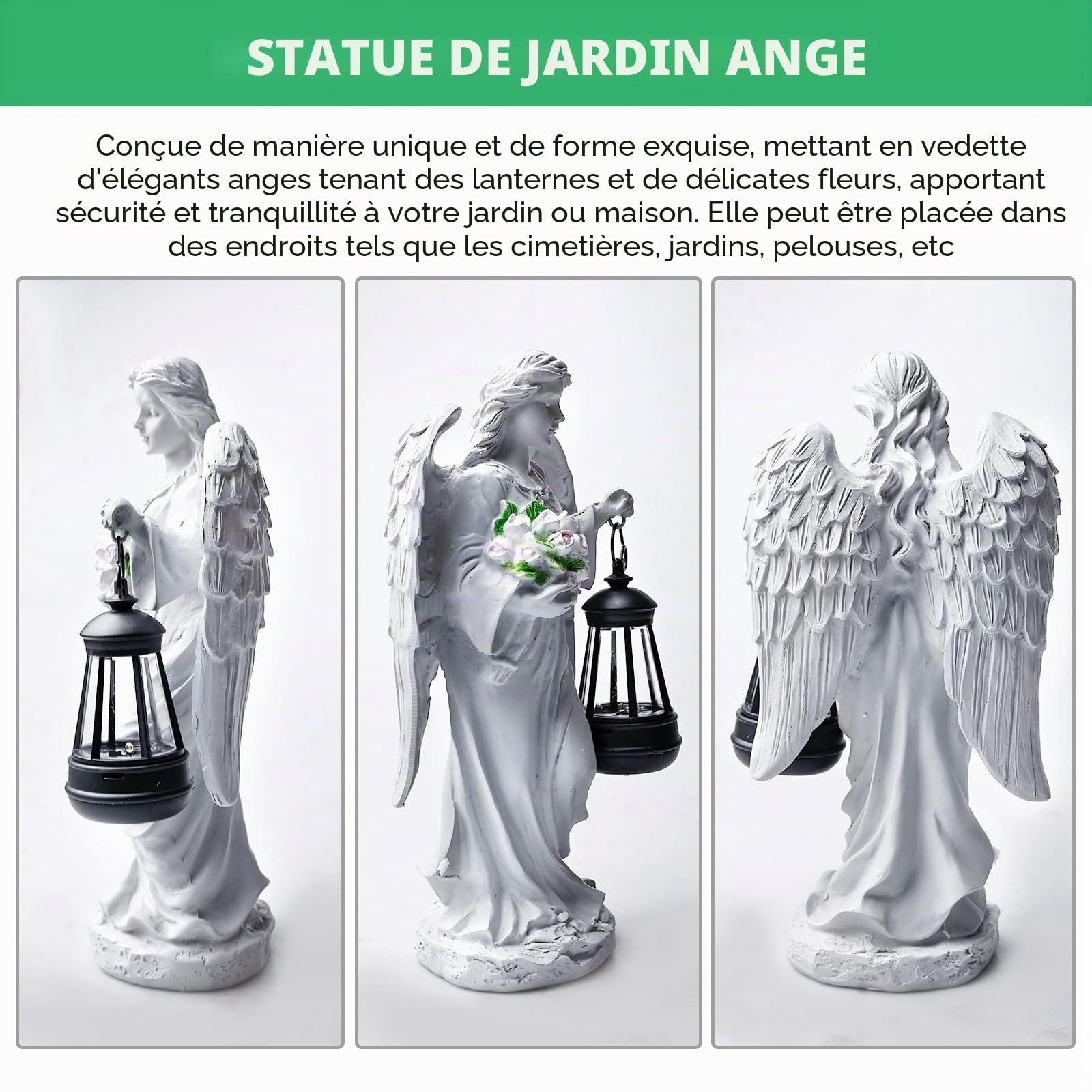 PORFOYO Figurine ange solaire pour jardin, décoration de tombe résistante aux intempéries, décoration de jardin solaire pour extérieur, petite lumière funéraire pour décoration extérieure, décoration