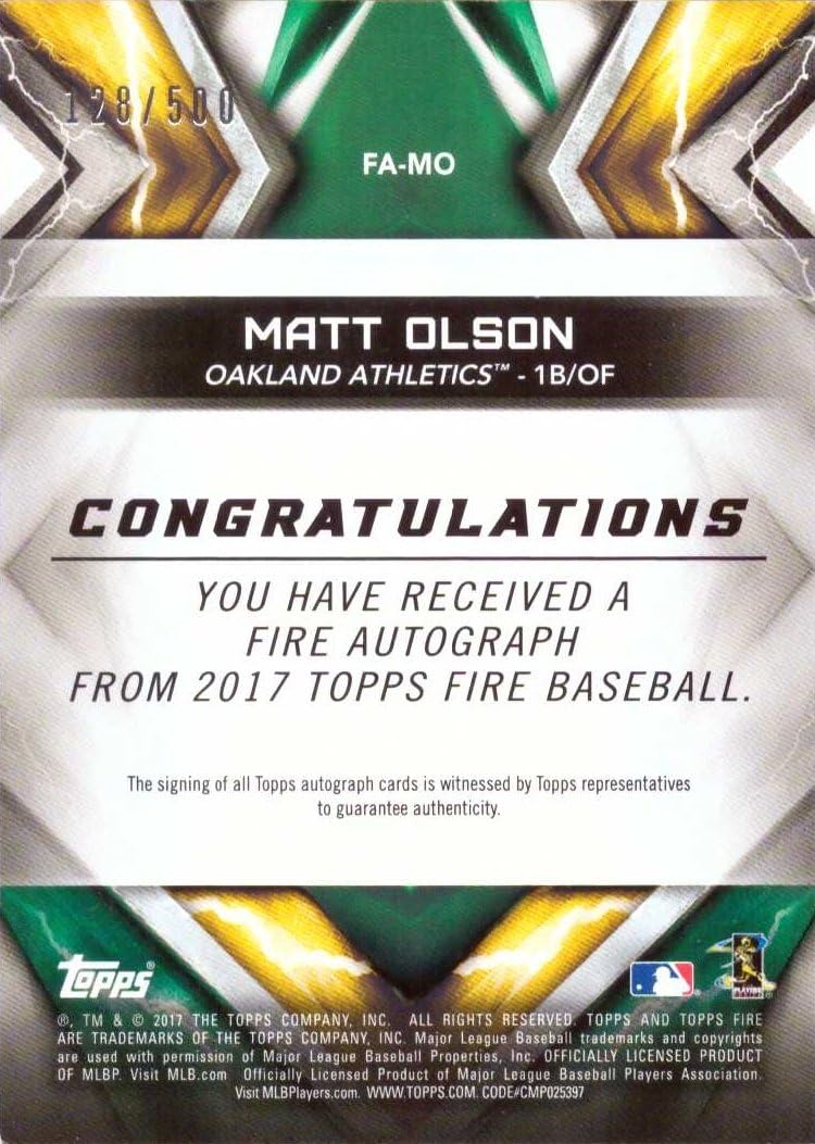 2017 Topps Fire #FA-MO Matt Olson Certified Autograph Baseball Rookie Card - Only 500 made!
