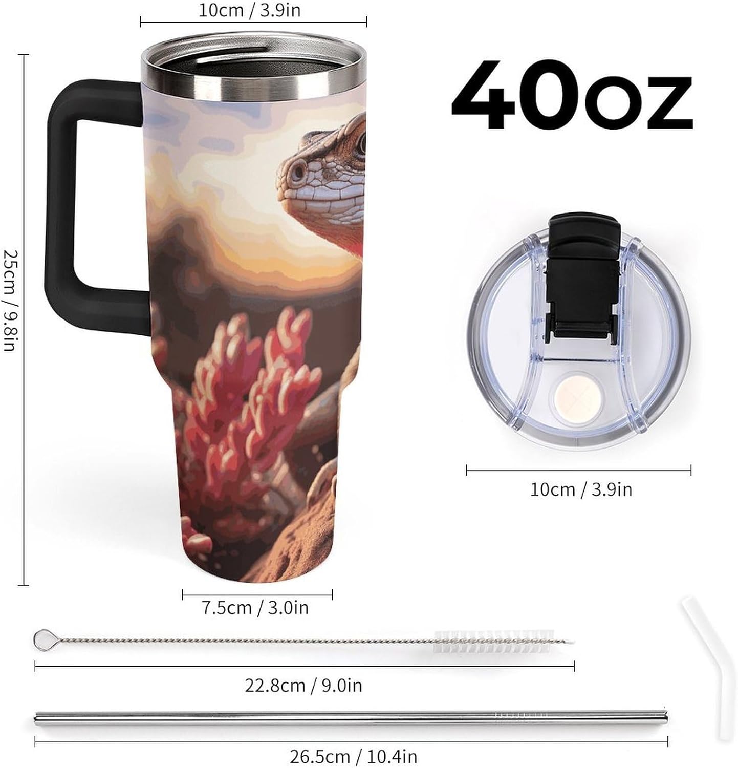 40 Oz Tumbler with Straw And Lid White Lizard Insulated Travel Coffee Mug Stainless Steel Water Bottle Vacuum Insulated Tumblers for Sport Work Car Travel Weekends
