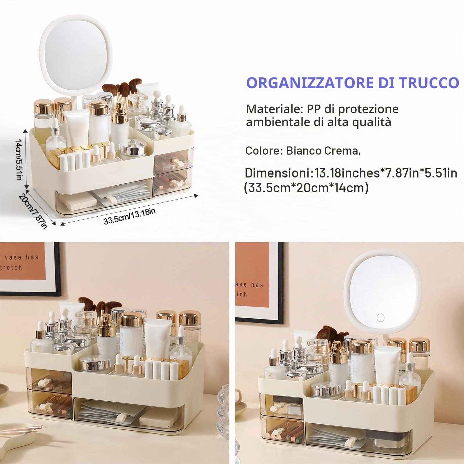 DASITON Organizer Trucchi con Specchio e 3 Cassetti, Porta Trucchi Organizer da Bagno, Porta Pennelli Make Up Organizzatore Trucchi, Organizer Cosmetici per Toeletta, Bagno, Camera da Letto (Crema)