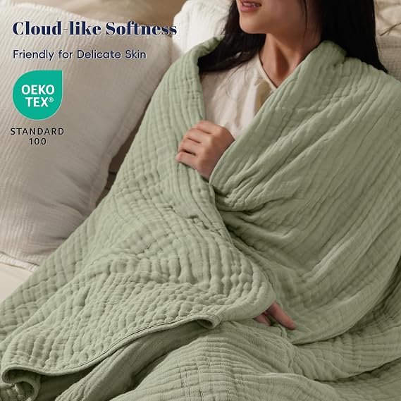 PHF Cooling Muslin Blanket Queen Size 90x80, 6-Layer Lightweight Gauze Blanket Made from 35% Rayon Derived from Bamboo & 65% Cotton, Breathable & Ultra Soft Cozy for Hot Sleepers, Tea
