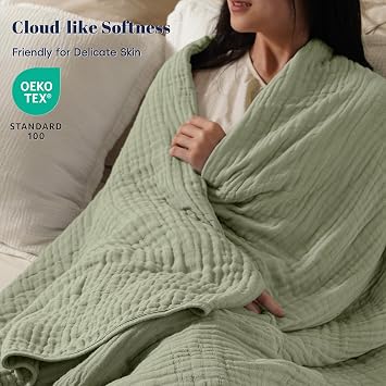 PHF Cooling Muslin Blanket Queen Size 90x80, 6-Layer Lightweight Gauze Blanket Made from 35% Rayon Derived from Bamboo & 65% Cotton, Breathable & Ultra Soft Cozy for Hot Sleepers, Tea
