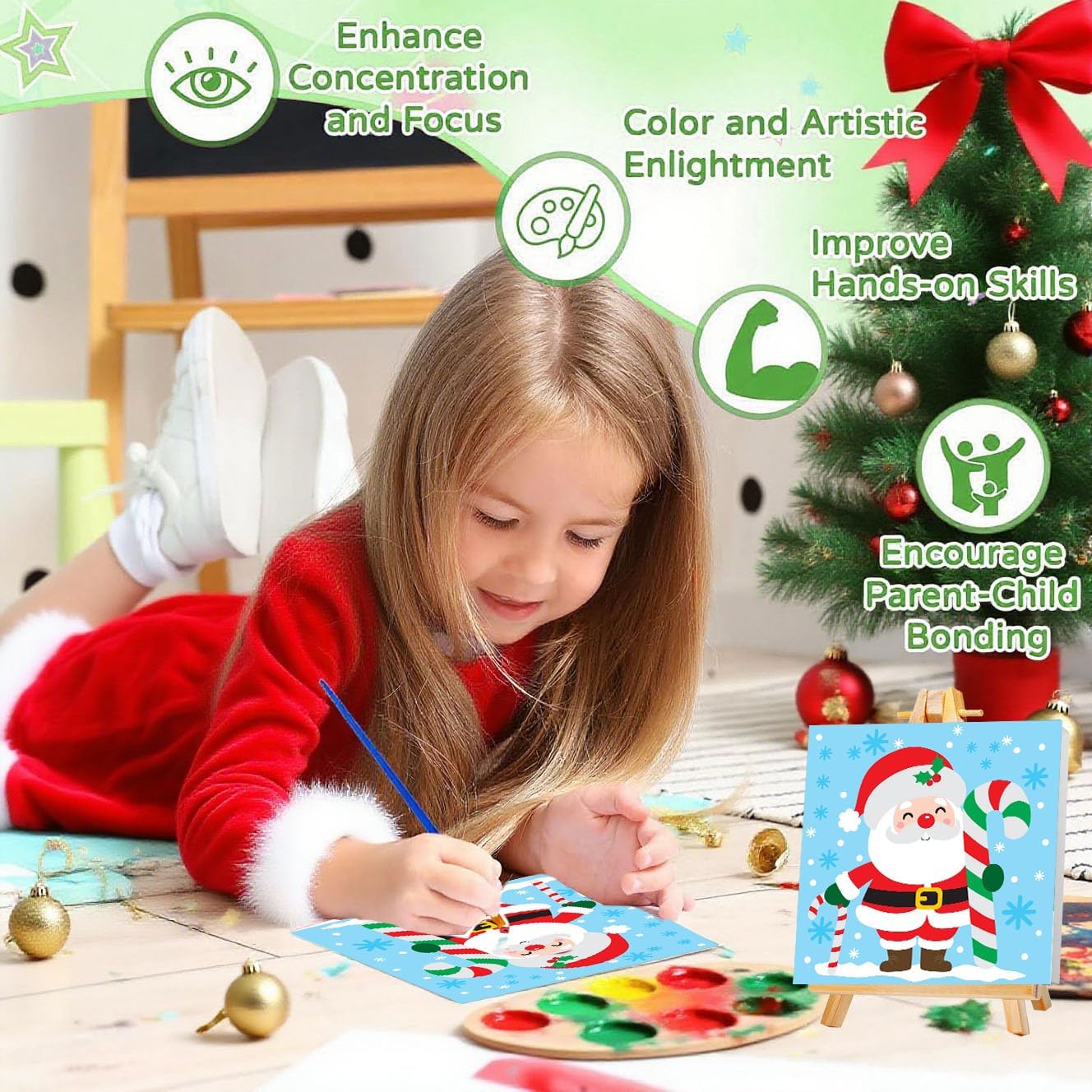 cviokrdu Christmas Paint by Numbers Kit for Kids with Frame - Wooden Easel, Christmas Paint by Numbers for Kids Ages 4 8 12, Easy Acrylic Oil Painting Kits for Home Wall Decoration 8x8 inch
