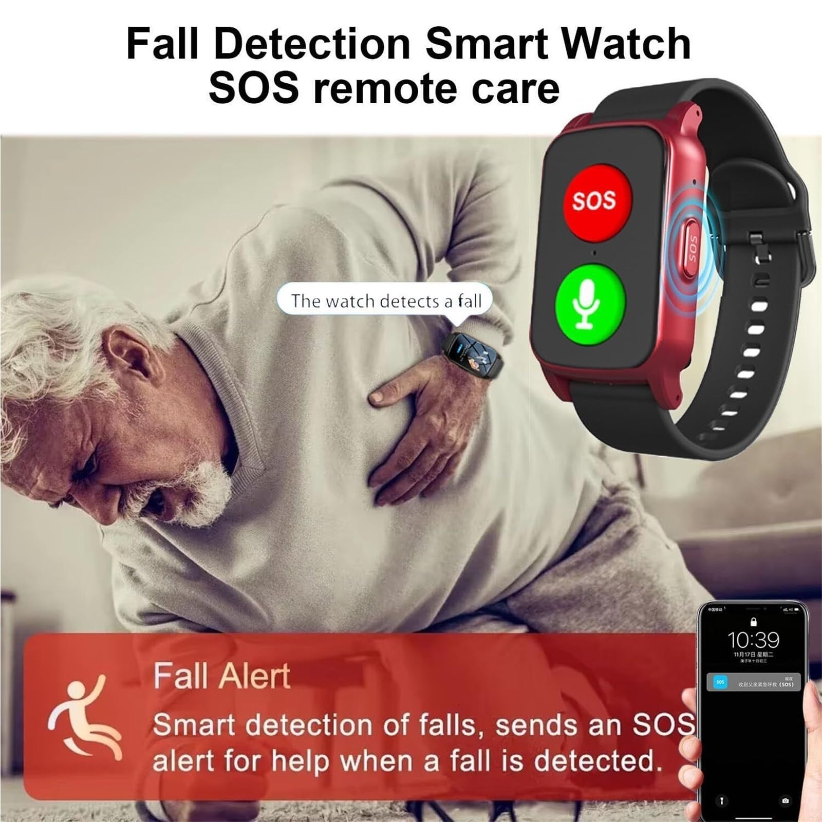 Mothdust Orologio Rilevamento Cadute per Anziani Braccialetto GPS Impermeabile IP67 Cardiofrequenzimetro Temperatura Smartwatch per Demenza Alzheimer Autismo Pulsante SOS(Red)