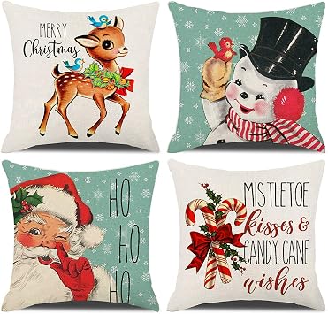 Christmas Decorations Pillow Covers 1818 Set of 4 Snowflake Santa Snowman Deer Bird Candy Cane Xmas Rustic Winter Holiday Throw Pillows Farmhouse Christmas Decor Cushion Cases 18"x18"