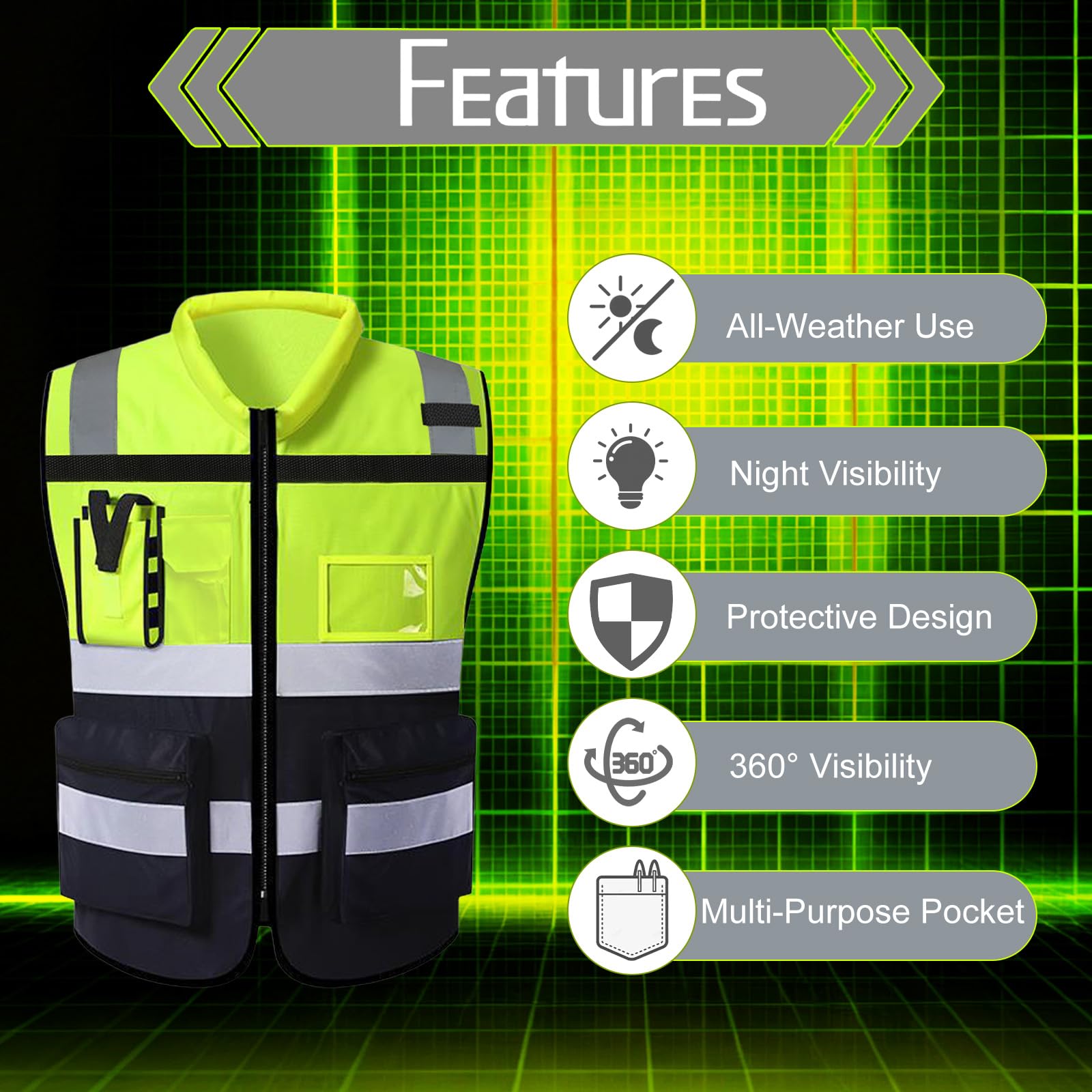 URAQT Chaleco Reflectante Homologado, Chaleco Reflectante de Seguridad, Chaleco Trabajo 7 Bolsillos con Cremallera, Chaleco de Seguridad de Alta Visibilidad para Limpiadores Trabajadores, Unisex, L