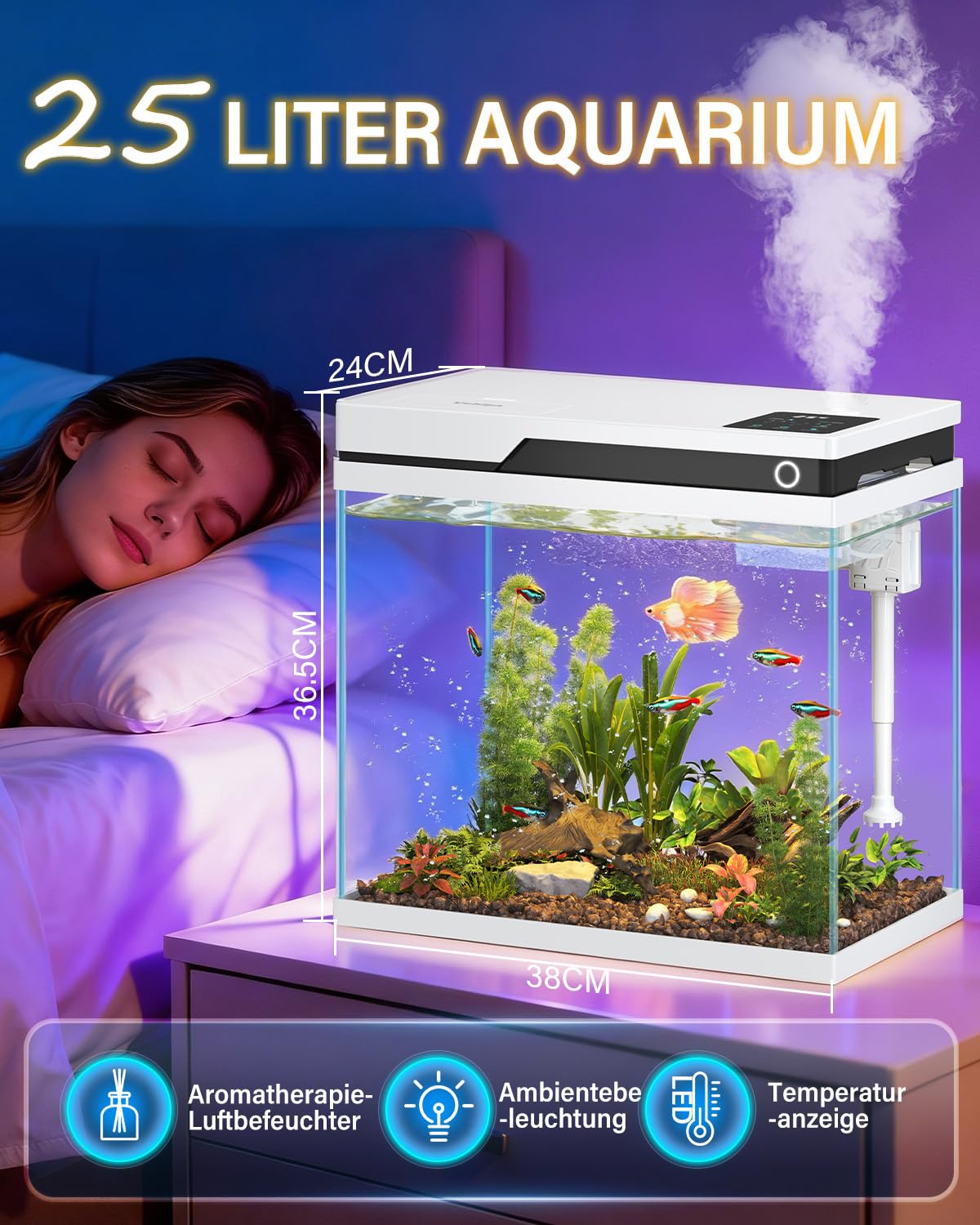 Vehipa Petit Aquarium 26L, Aquarium Complet Débutant avec Distributeur Automatique de Nourriture, humidificateur, Pompe silencieuse 4 en 1, Affichage de la température et éclairage réglable