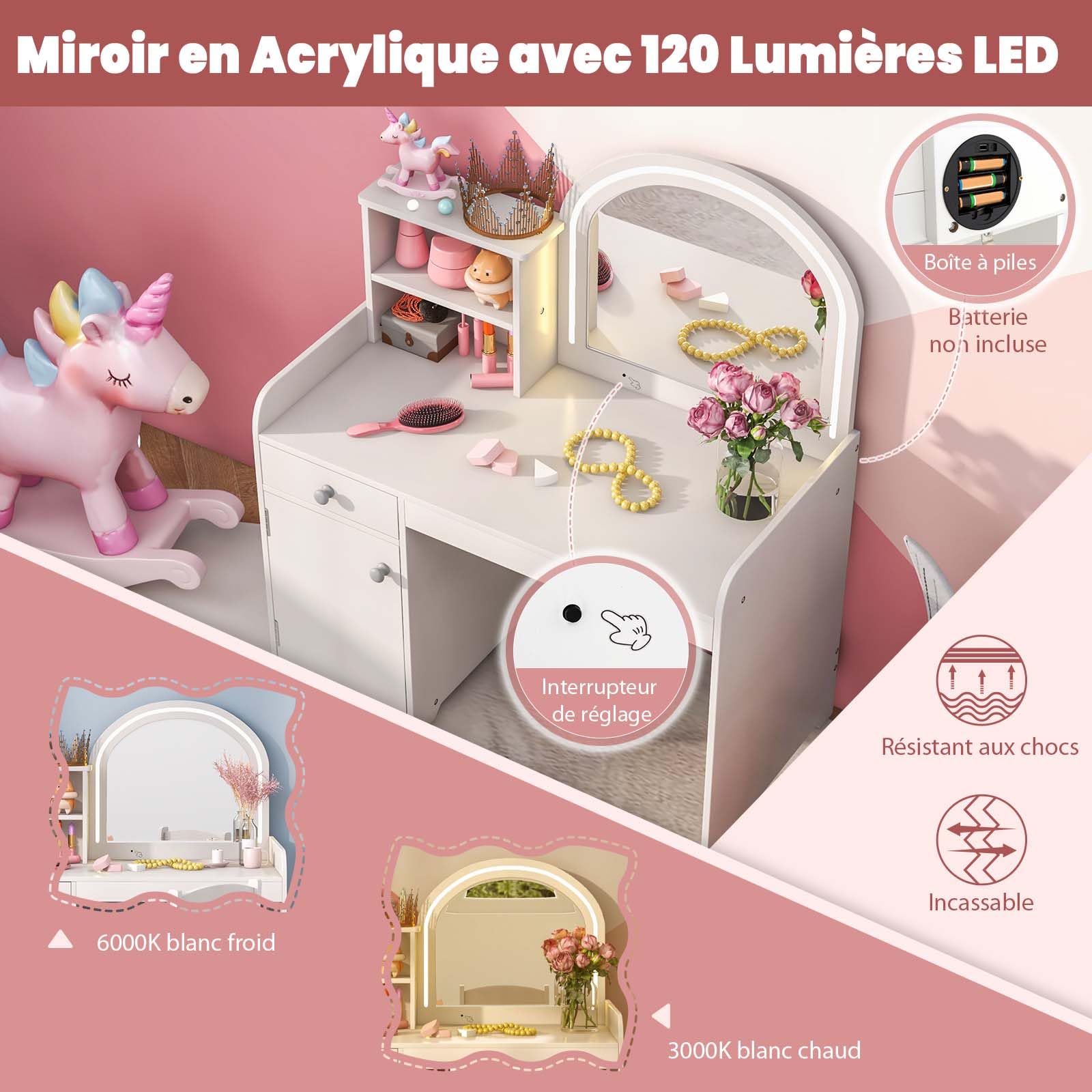 DREAMADE Coiffeuse Enfants Fille avec Tabouret&Lumières LED,2 en 1 Bureau Enfants 3+Ans avec Miroir&Dispositif Anti-Bascule,Table de Maquillage Princesse avec 2 Etagères&Tiroir,Charge 50KG (Blanc)