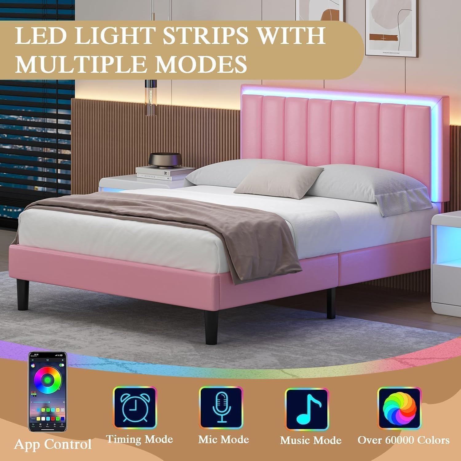 Pink Queen Bed Frame, Upholstered Bed Frame Queen Size with Headboard, RGB LED Lights, Heavy Duty Wood Slats Support, Noise-Free, No Box Spring Needed, Easy Assembly, Pink