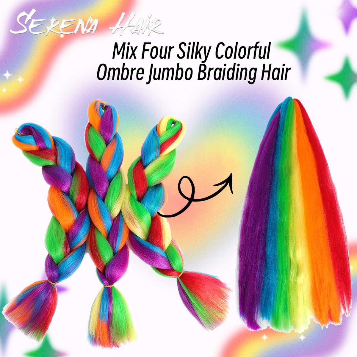 Jumbo Braiding Hair Fiber Mix Four Silky Colorful Twist Braiding Hair Rainbow Colors Extensions Synthetic Mix Rainbow Synthetic Fiber Soft Healthy (24Inch Mix Rainbow)