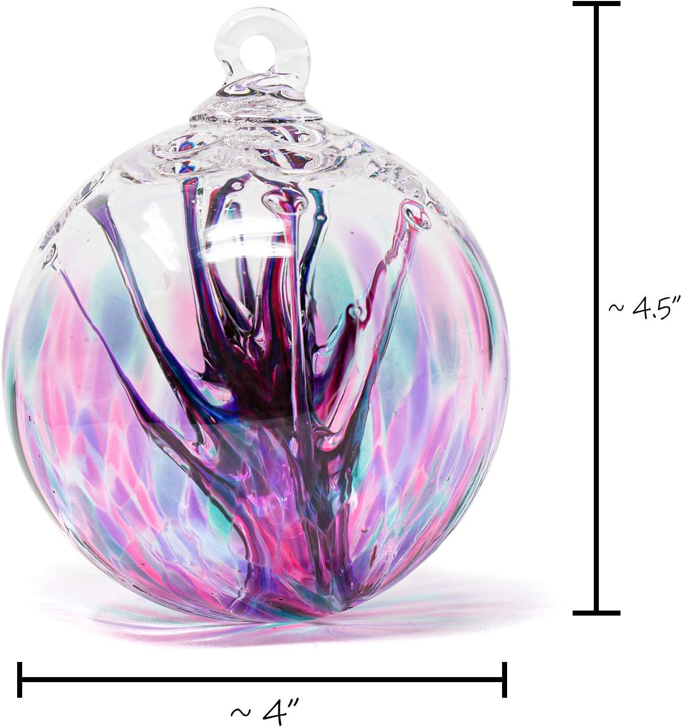 Luke Adams Glass | 4" Large Glass Tree of Life | Handmade Ornament | Hanging Garden Gazing Ball | Indoor Outdoor Home Décor | (Pink Violet Teal)