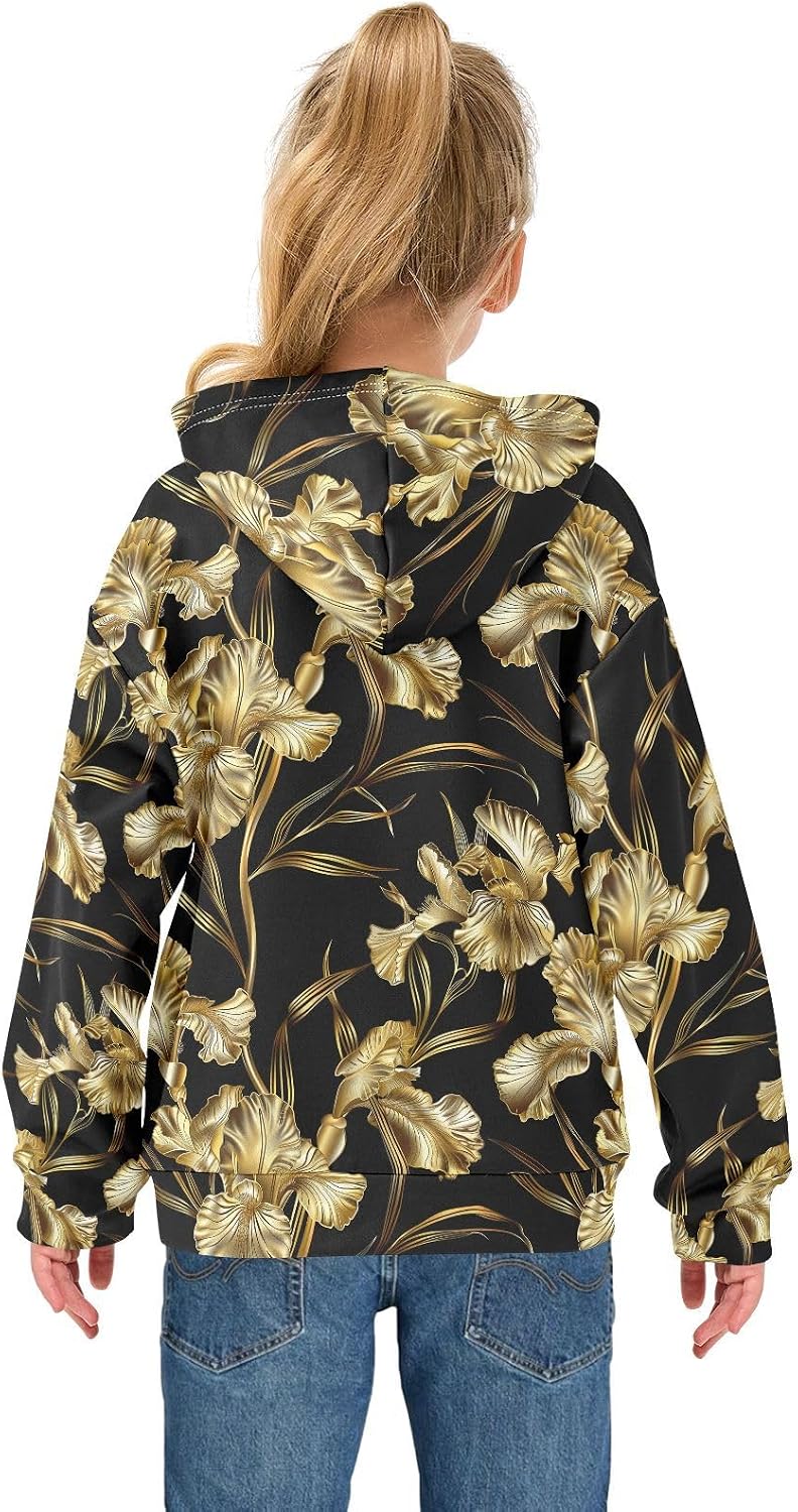 ALAZA Gold Iris Flower Hoodies Sweatshirt for Boys Girls Kids Hooded Pullover Top