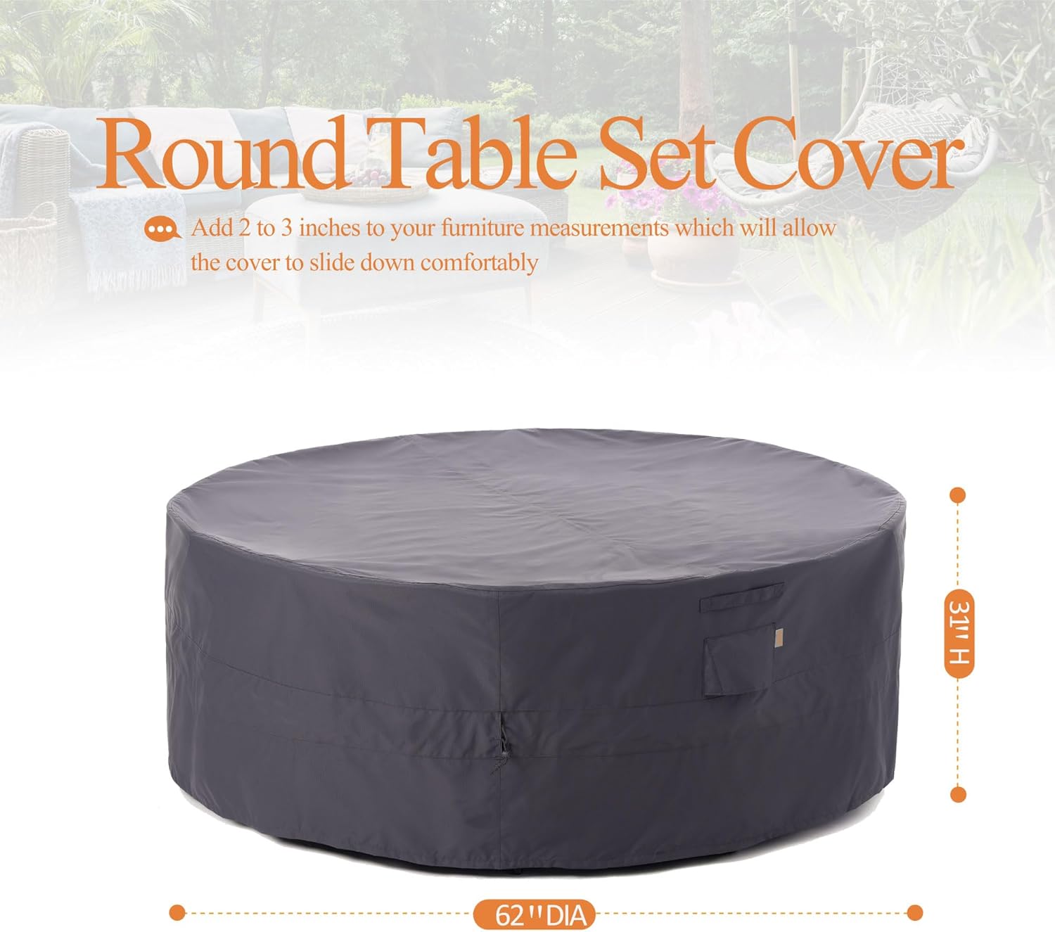 WJ-X3 Round Patio Furniture Cover 62" D x 31" H – Waterproof Outdoor Cover for Round Table & Chair Set, UV Resistant, Fade-Resistant, All-Weather Protection, Gray