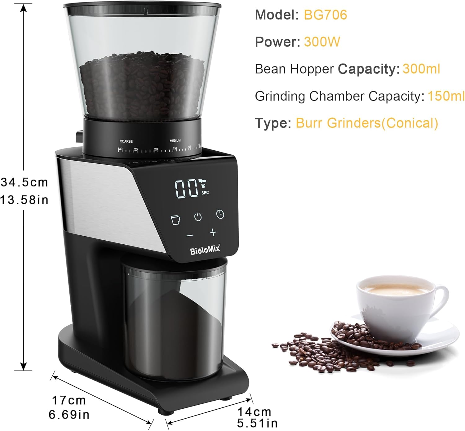 BioloMix coffee grinder specifications diagram