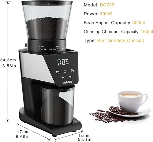 Miniatura 8 de BioloMix Molinillo de café eléctrico, molinillo de rebabas cónicas con 30 ajustes precisos de molienda, pantalla táctil LCD, tecnología