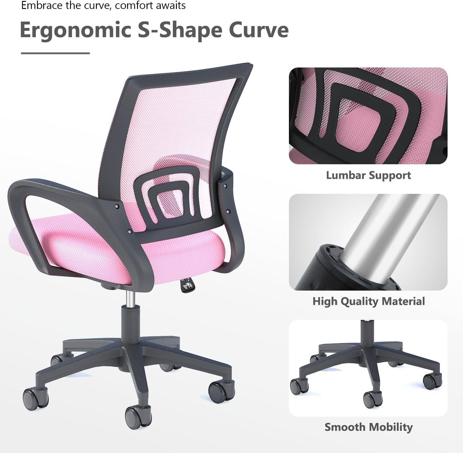 Home Office Chairs, Ergonomic Mid-Back Mesh Desk Chairs with Lumbar Support, Adjustable Swivel Rolling Design, Comfy Armrest for Work, Study, Gaming, Vanity, Pink, 2 Pack - 6