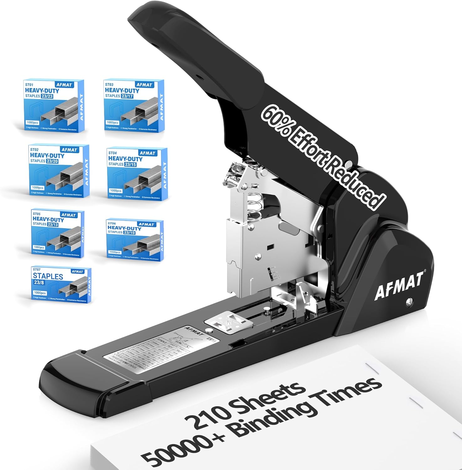 AFMAT Heavy Duty Stapler, 210 Sheet Staplers for Desk with 7000 Staples, Jam-Free, 50000+ Uses, 60% Reduced Effort, Easy Reload, Adjustable Paper Guide, Large Metal Manual Office Staplers, ES15
