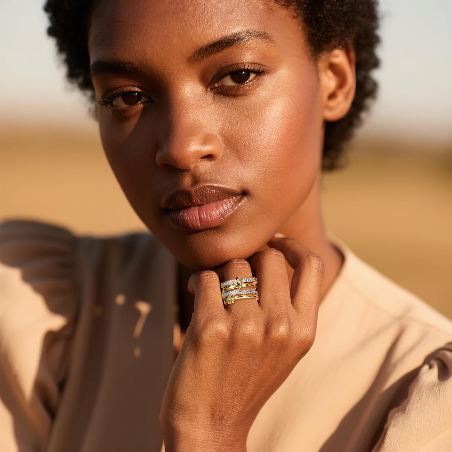 Gold Stackable Rings for Women Non Tarnish, 18K Gold Plated CZ Cubic Zirconia Rings, Golden Rings Set, Multi-Link Connected Rings - Image 4