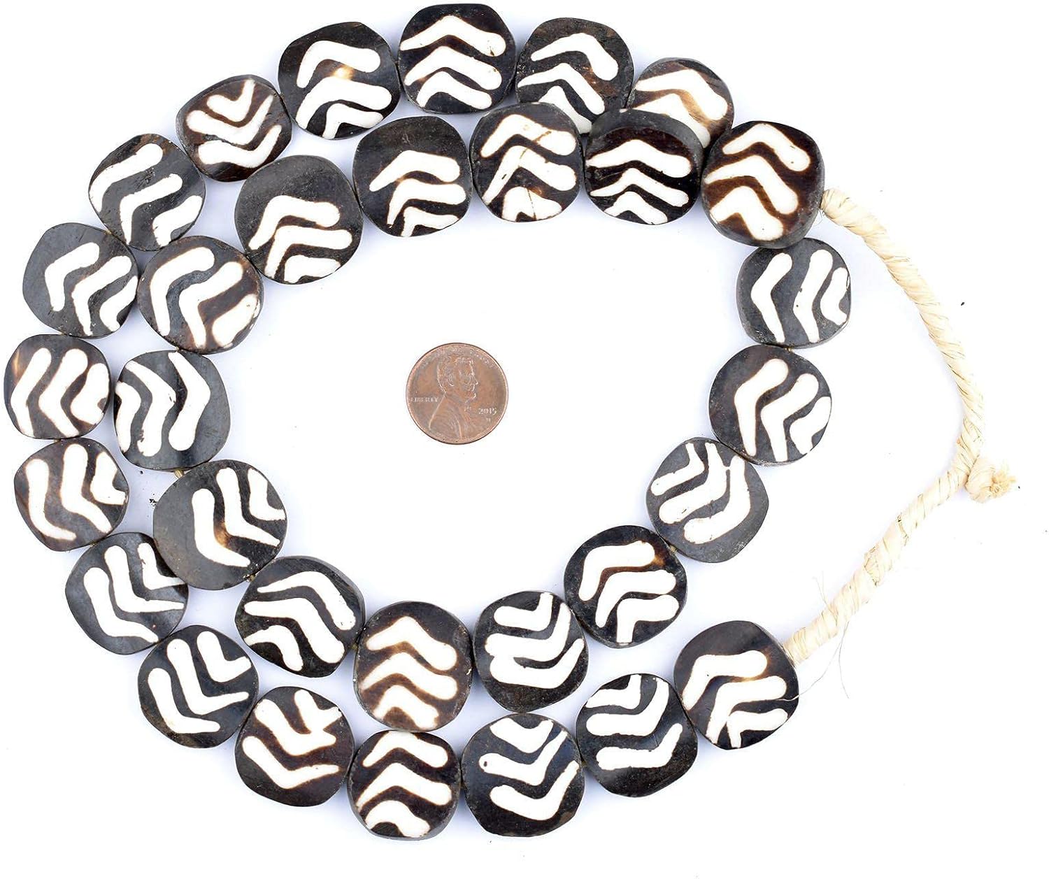 The Bead Chest Sideways Arrow Batik Bone Beads Circular 22mm Kenya African Black and White Flat Large Hole 33 Inch Strand Handmade