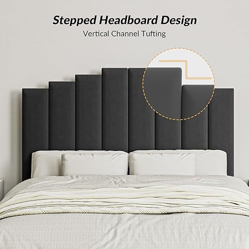 Miniatura 4 de HULALA HOME Base de cama tapizada tamaño Queen con patas centrales, marco de cama Queen de estilo contemporáneo con cabecera y soporte de listones