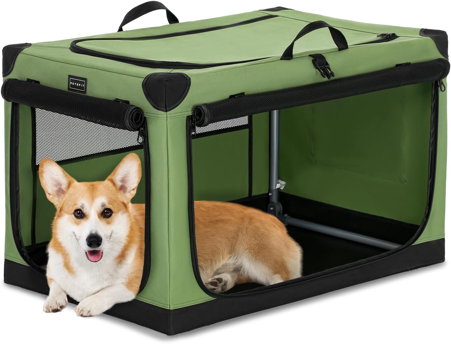 PETSFIT 30" Soft Portable Dog Crate โ Patented Spiral Sturdy Frame, Collapsible Travel Kennel for Medium Dogs, 3 Mesh Door, Lockable Zippers, Indoor & Car Use Green