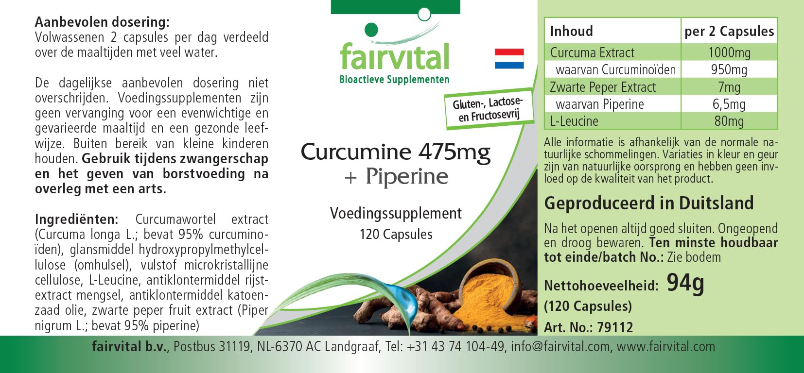 fairvital Gélules de curcuma, 500mg d'extrait de curcuma par gélule, 120 gélules, HAUTEMENT DOSÉES, curcumine 95% avec biopérine (pipérine)
