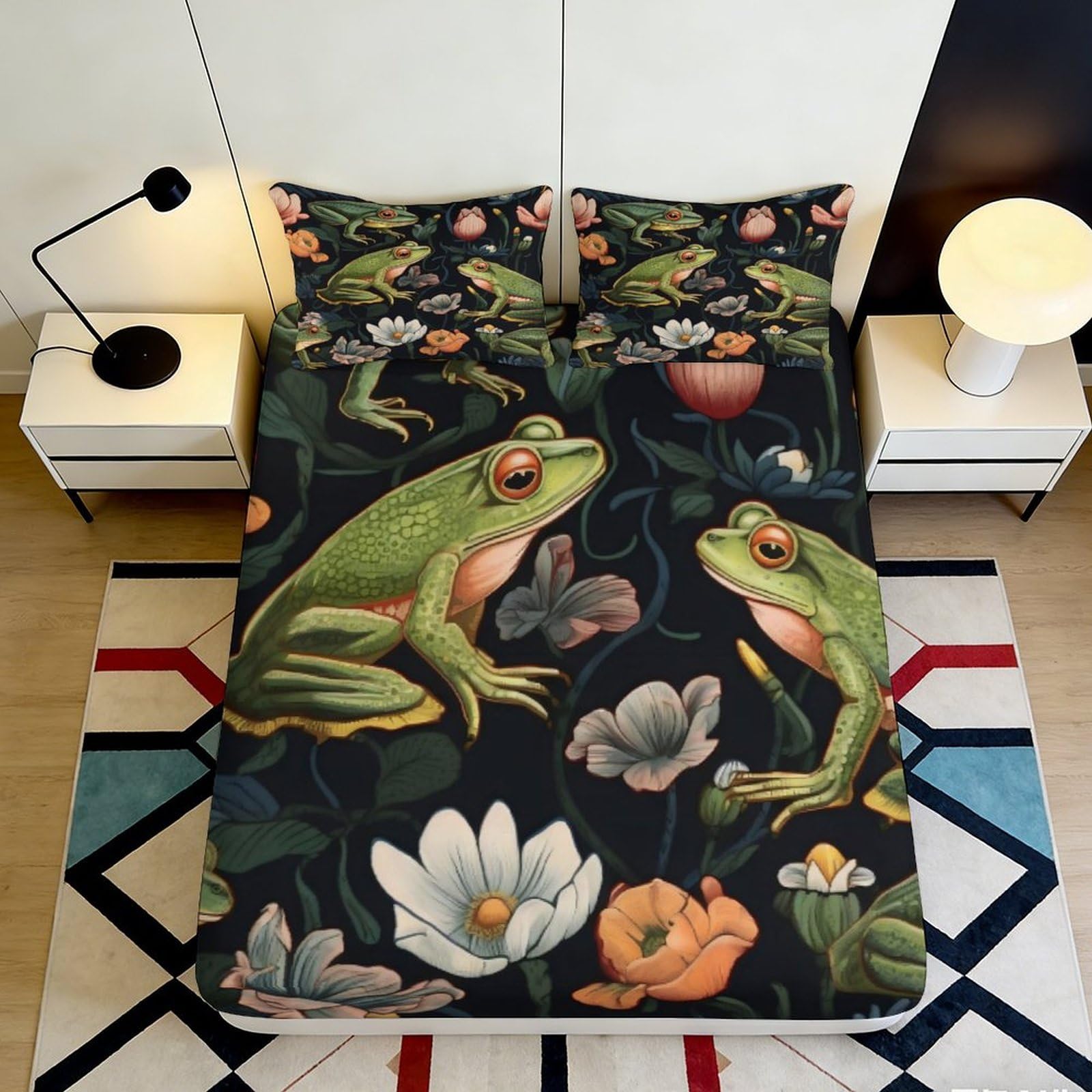 3D Printed Frog Floral Fitted Sheet Microfiber Soft Non-Slip Mattress Cover for Bedroom Guest Room Dorm Decor 180x200x25cm