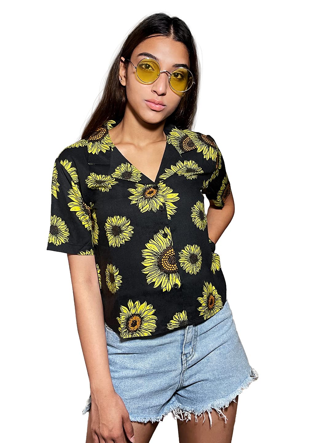 the souled store Sunflower Pattern Women's And Girls Graphic Printed Cotton Hawaiian Fitted Shirts-picture-22