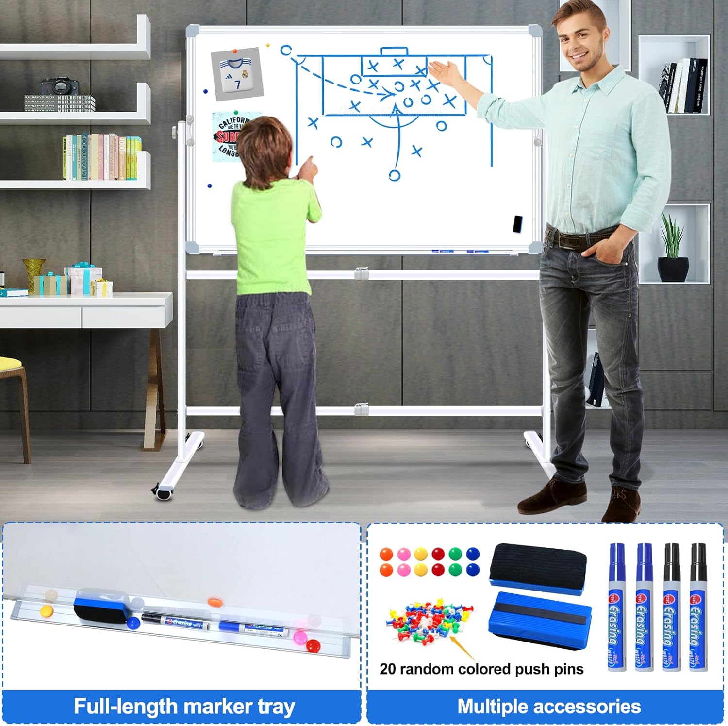 40"x30" Mobile Whiteboard Magnetic Dry Erase Board with Rolling Stand Portable Single-Sided White Board for Classrooms, Offices, Conference Rooms and Home