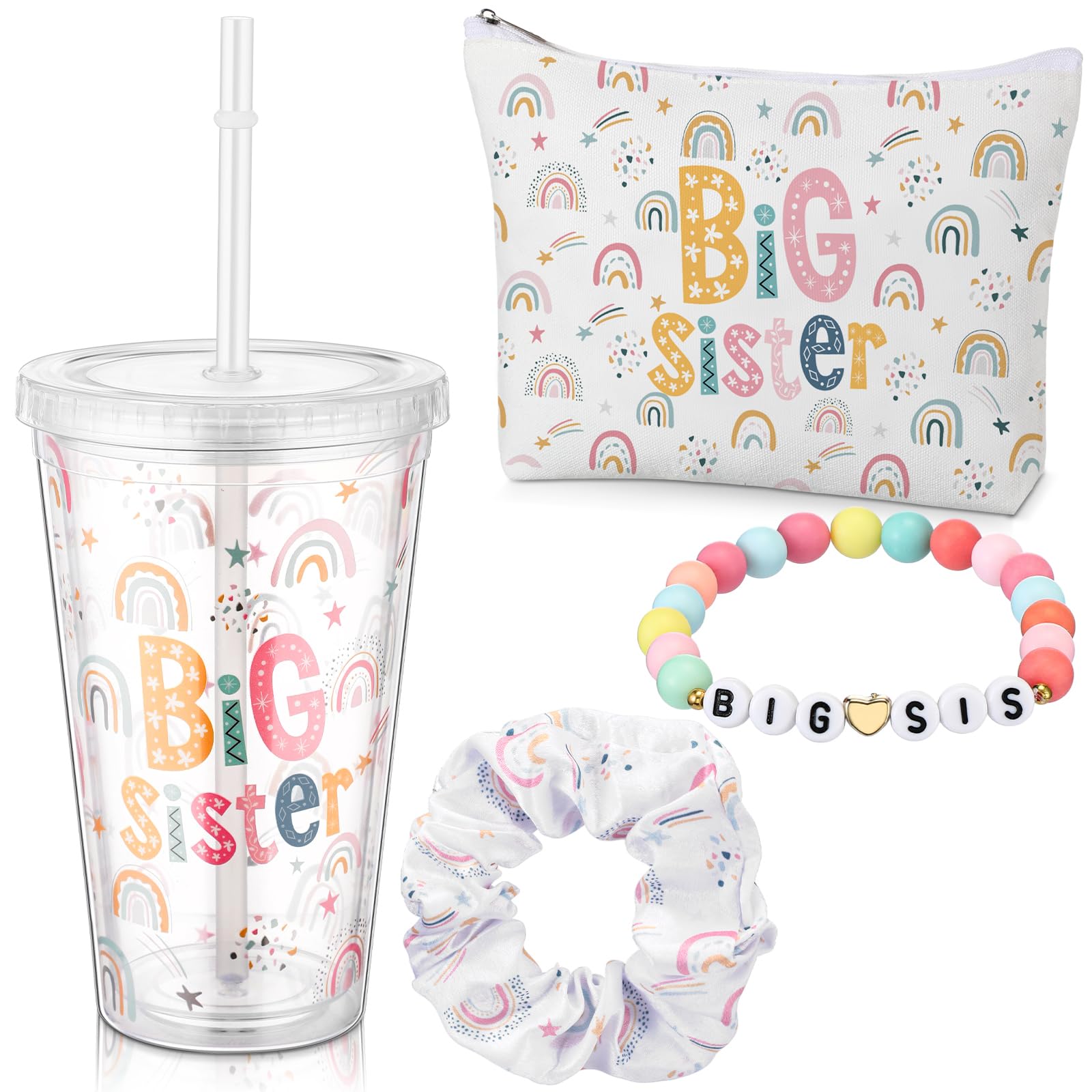 Sieral 4 Pcs Big Sister Gifts for Girls Big Sister Makeup Bag 15 oz Acrylic Cup Scrunchies Bracelet New Sibling Gifts for Little Girls New Baby