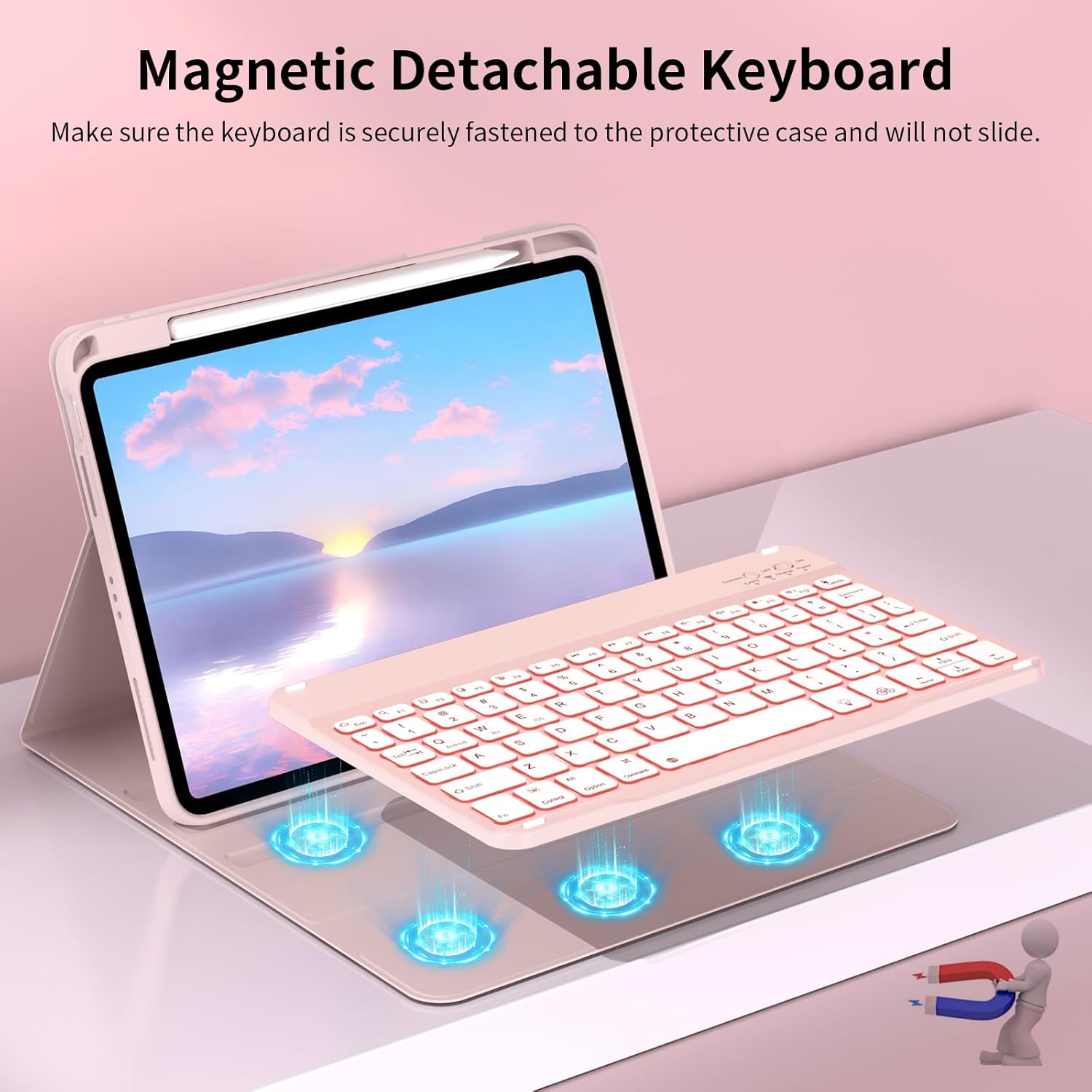 JKSML Keyboard Case for iPad 11th 10th Generation 11/10.9 inch A16 2025/2022, 7 Colors Backlit, Detachable Wireless Keyboard for iPad 10th Gen, Built-in Pencil Holder, Auto Sleep/Wake, Pink