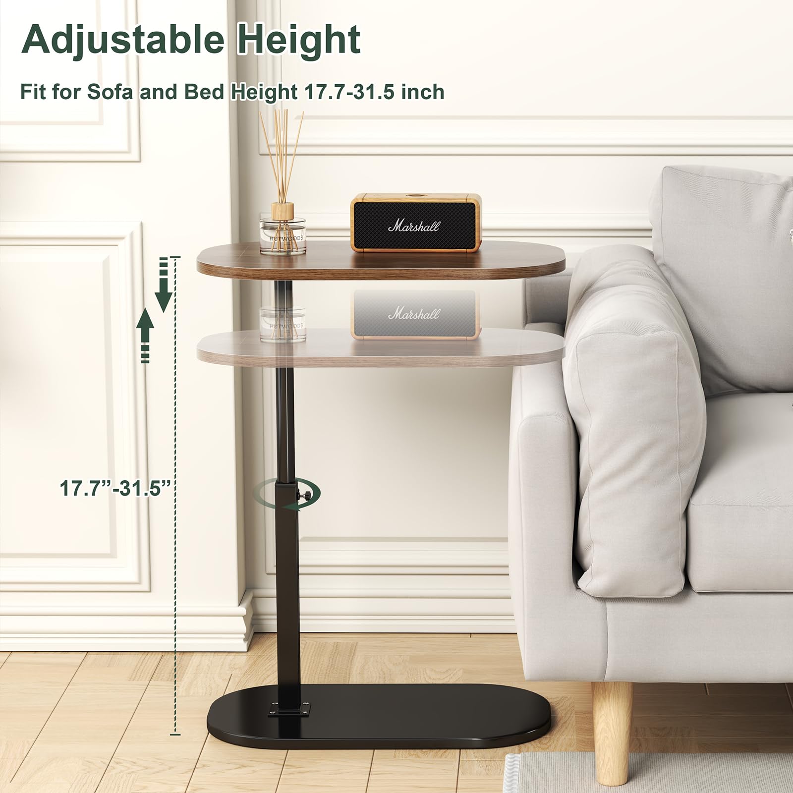 Table D'appoint En Forme De C Réglable - Plateau 45x30 Cm, Hauteur 45-80 Cm, Pivotant 360°, Pour Canapé Ou Lit
