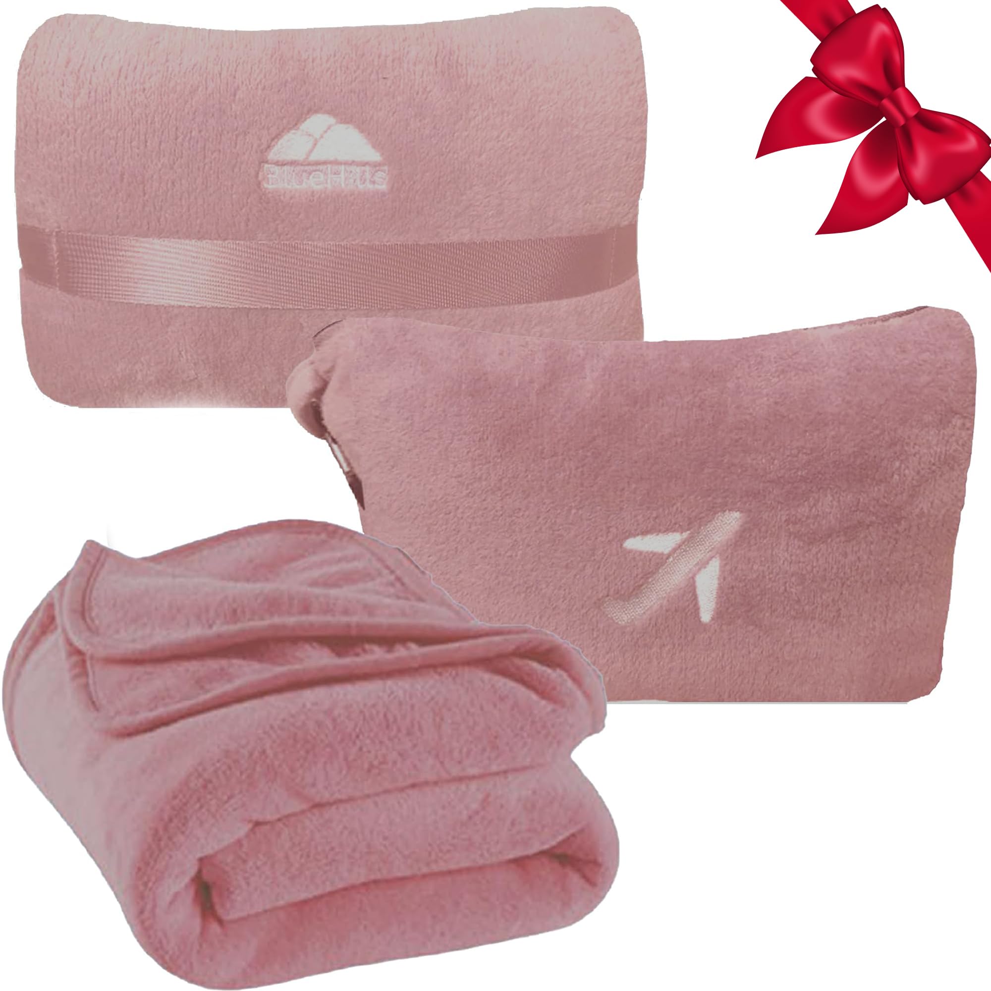 BlueHills Premium Soft Travel Blanket Pillow Compact Mini Airplane Blanket with Portable Pillowcase Long Flights​ - Dusty Rose Pink M02