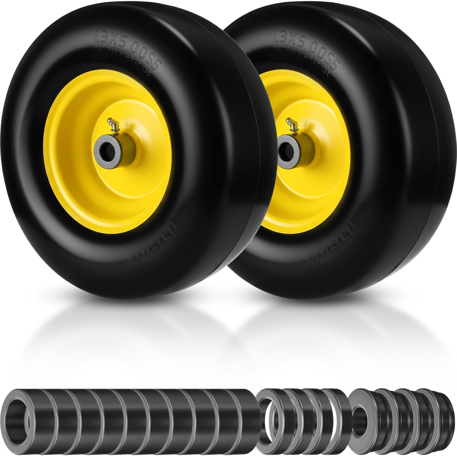 2 Pcs 13x5.00-6" Lawn Mower Tires Flat Free, 3/4" Bushing, 5/8" Centered Hub, Universal Smooth Tread Tire for Zero Turn Lawn Mowers, with Universal Adapter Kit