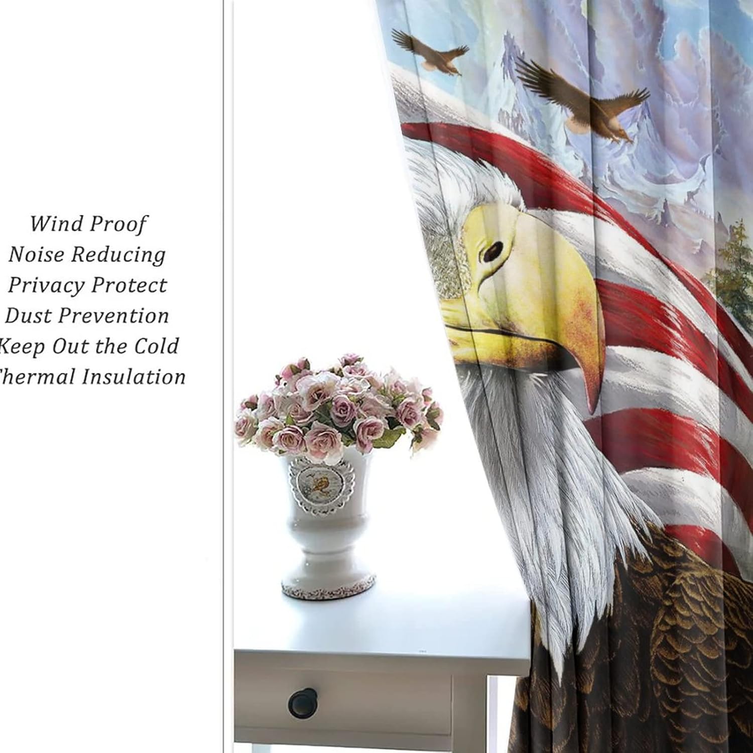 US Flag Eagle Ultra Soft Premier Blackout Curtains,Vintage Oil Painting Forest Wild Animals Bald Eagle American Flag Thermal Insulated Bedroom Noise Reducing Grommet Top,2 Panels 45L x 21W