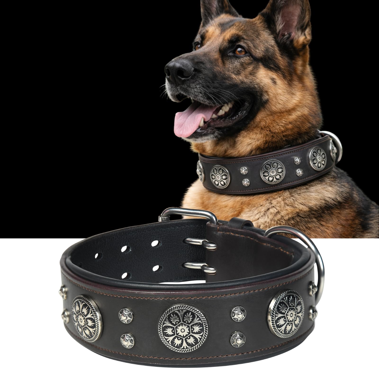 Handgefertigtes Hundehalsband aus echtem Leder, 5,1 cm breit, strapazierfähig, weich und luxuriös, Western-Design mit Doppelzinken-Schnalle, ideal für große und mittelgroße Hunderassen, Braun, Größe M