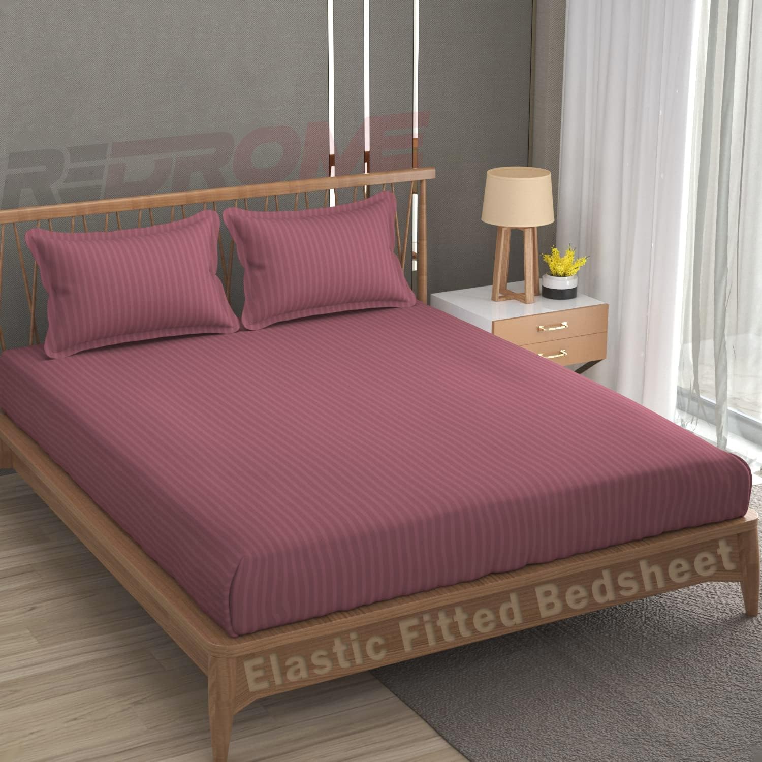 Satin Stripe All Round Elastic Fitted Plain Stripe Bedsheet for Double Bed with 2 Pillow Covers (Pink, Queen 78" x 72" up to 8" Matress)-image-19