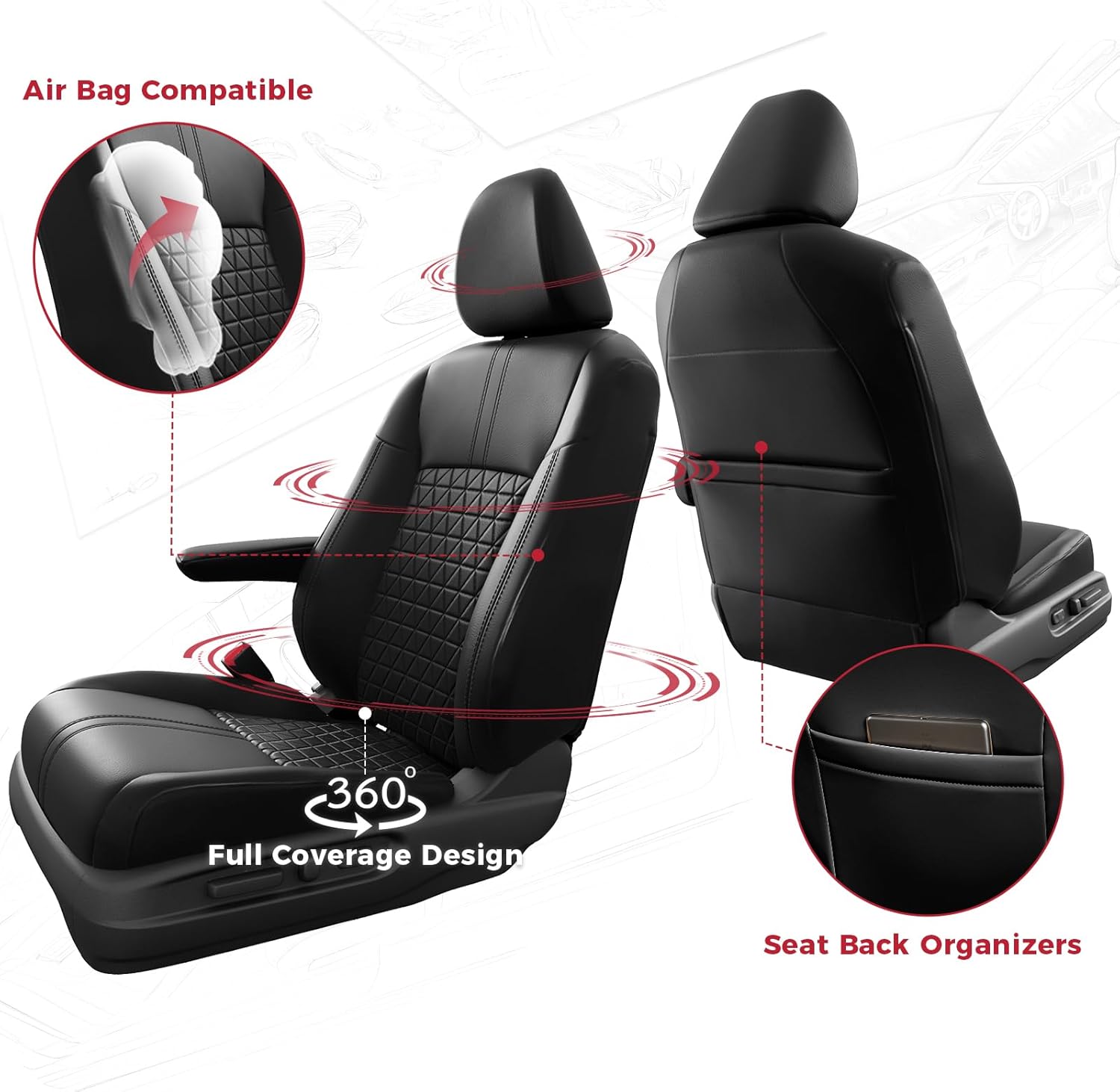 FREESOO Custom for Pilot Seat Covers LX,EX 2016 2017 2018 2019 2020 2021 2022-8 Seats - Leather Car Seat Covers for Honda Pilot 2016-2022 Full Set 3 Rows Waterproof