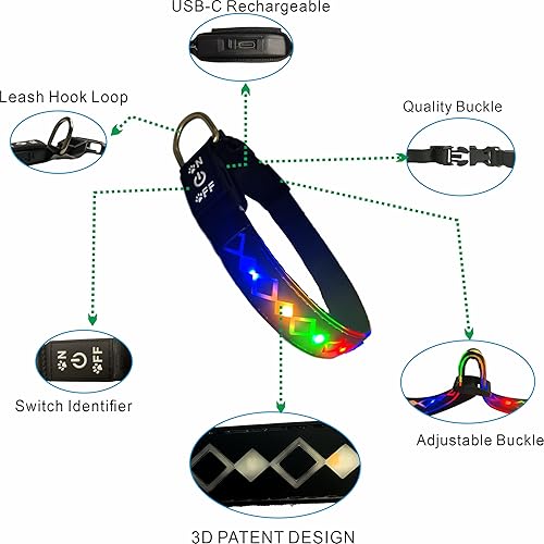 Miniatura 27 de Collar LED para perro, 15 modos de luz, USB-C recargable, silicona ajustable, varios colores (negro, M (11.8-15.7 pulgadas)