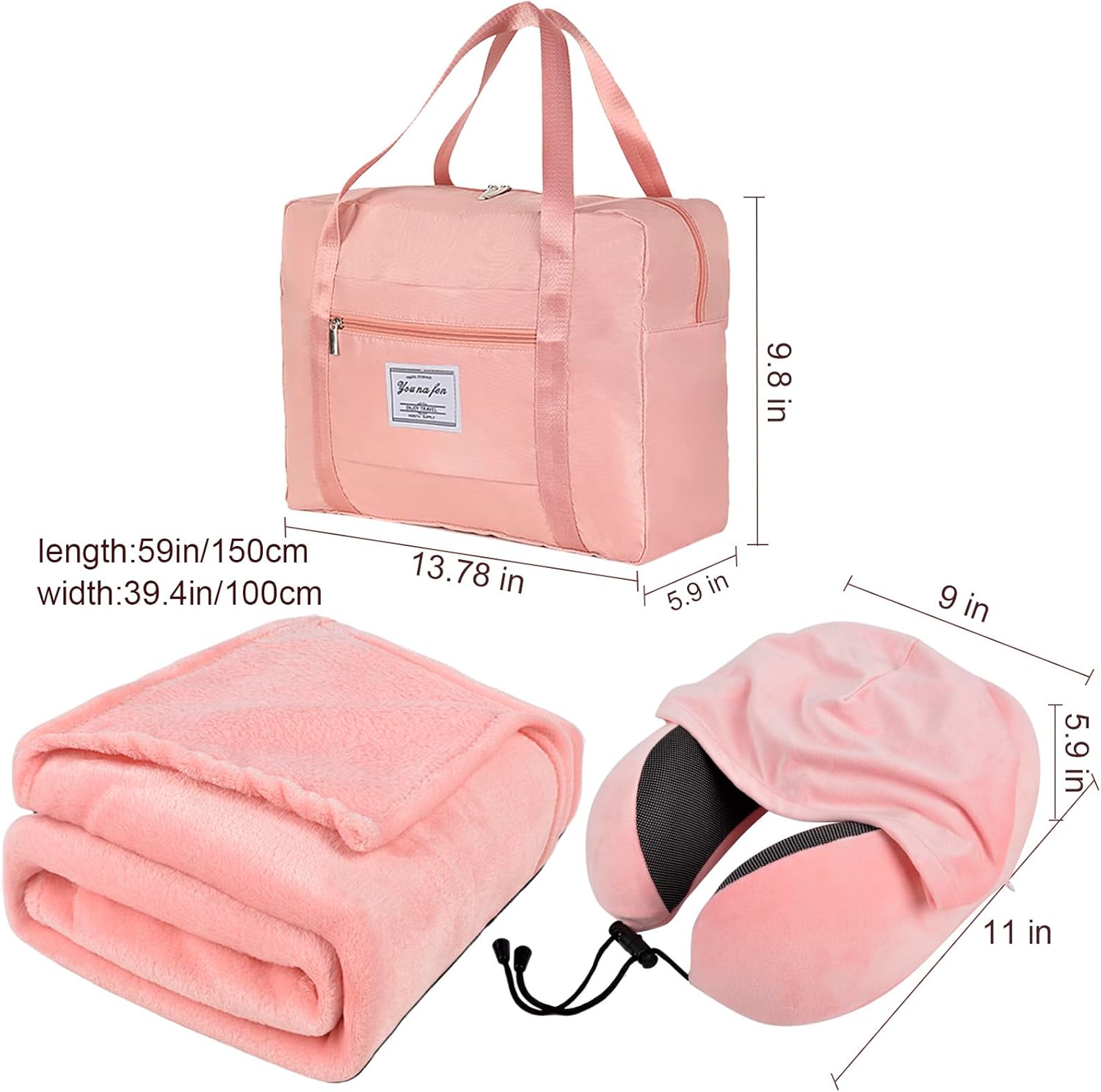 Travel Blanket Pillow Set - Travel Neck Pillow & Blanket for Airplane, Thick Fleece Plane Blanket, Hooded Memory Foam Neck Pillows, Foldable Duffel Bag, Sleep Mask, Earplugs for Plane Traveling, Pink - Image 2