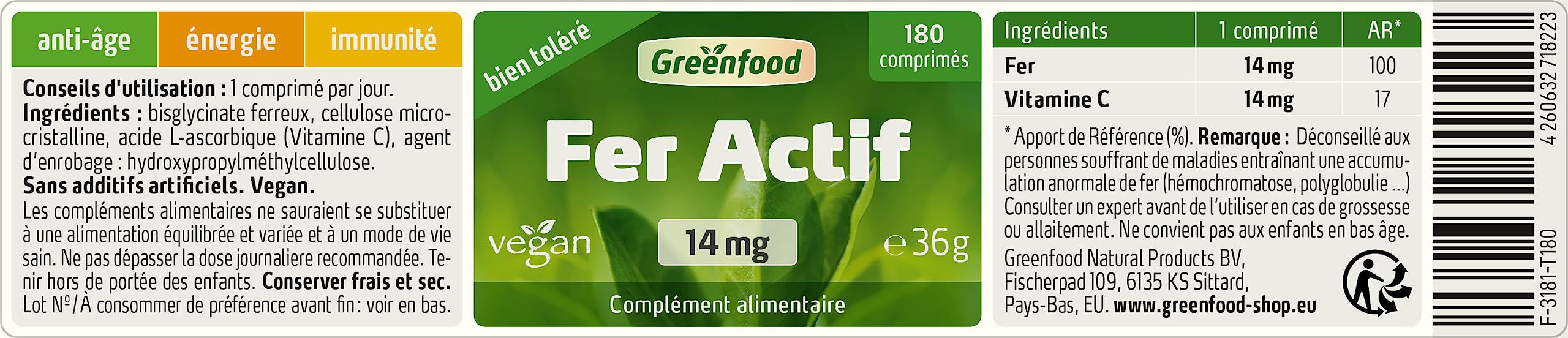 Greenfood Fer actif 14 mg, dose élevée, 180 comprimés, vegan. SANS additifs artificiels.
