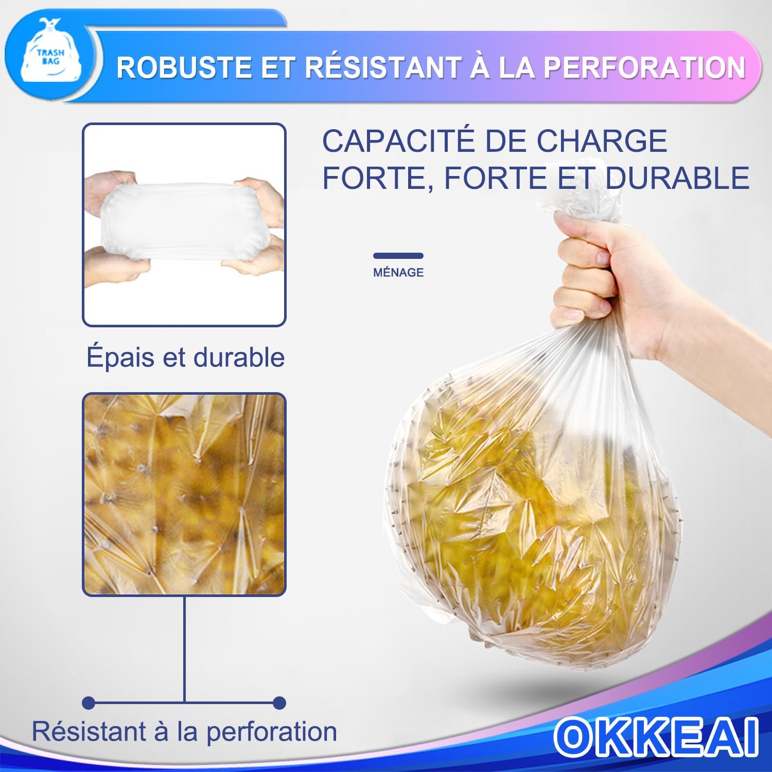 OKKEAI 120 Pezzi Sacchetti Spazzatura 10L,45x50cm,Sacchetti Spazzatura Piccoli Antistrappo, Alta Qualità, Durevoli e Antiforo, Sacchi Pattumiera per Cucina, Bagno, Soggiorno (Bianco)
