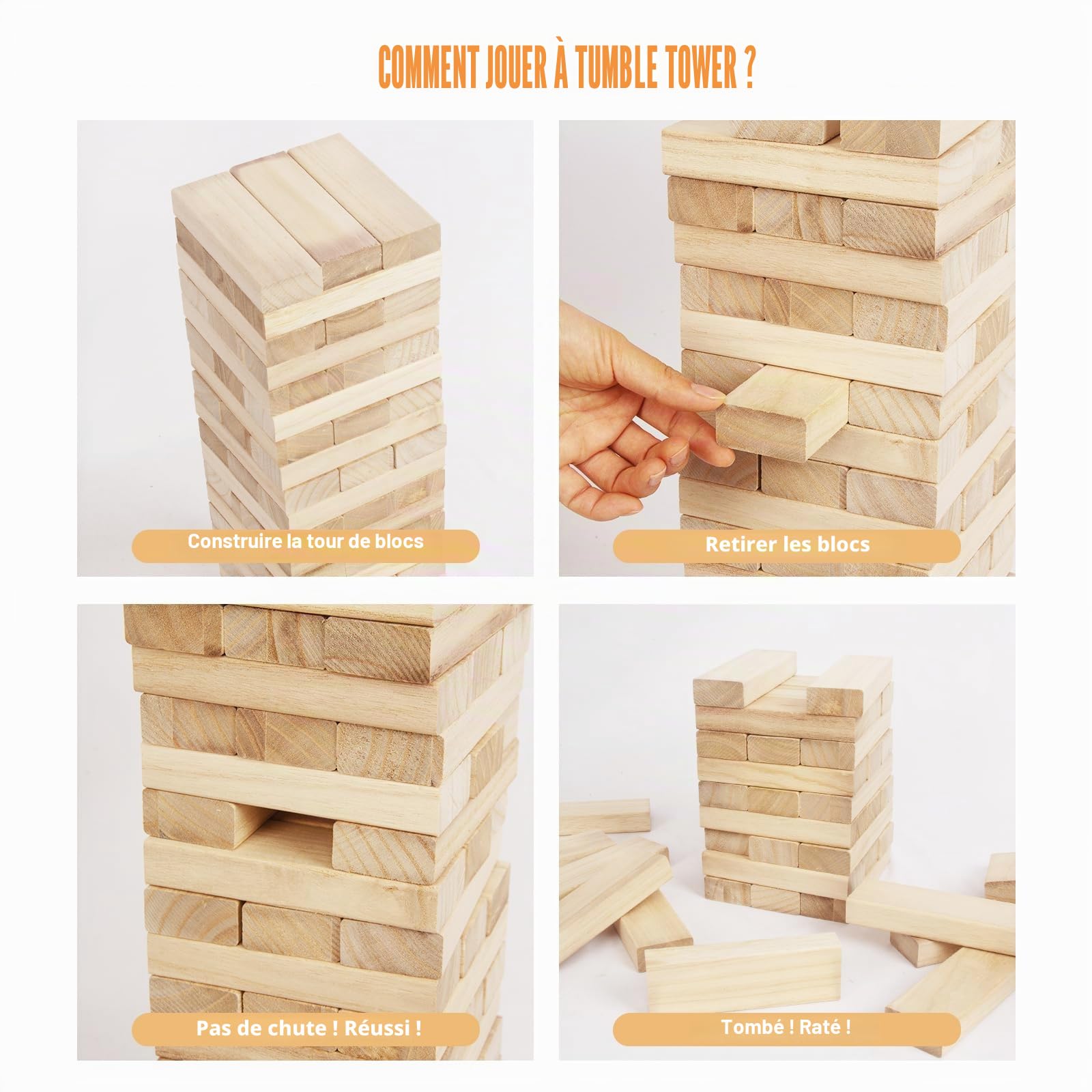 WOODENFUN Tour géante en bois empilable de 0,4 m à 1,2 m, jeux de tour géante, jouets pour enfants, adultes et familles (couleur bois)